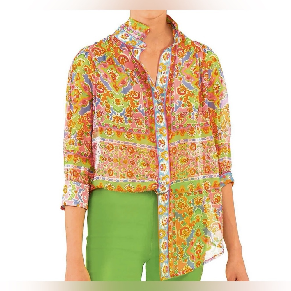 NEW Gretchen Scott Boyfriend Swing Top, Watteau, Pink / Green / Blue Shirt Small
